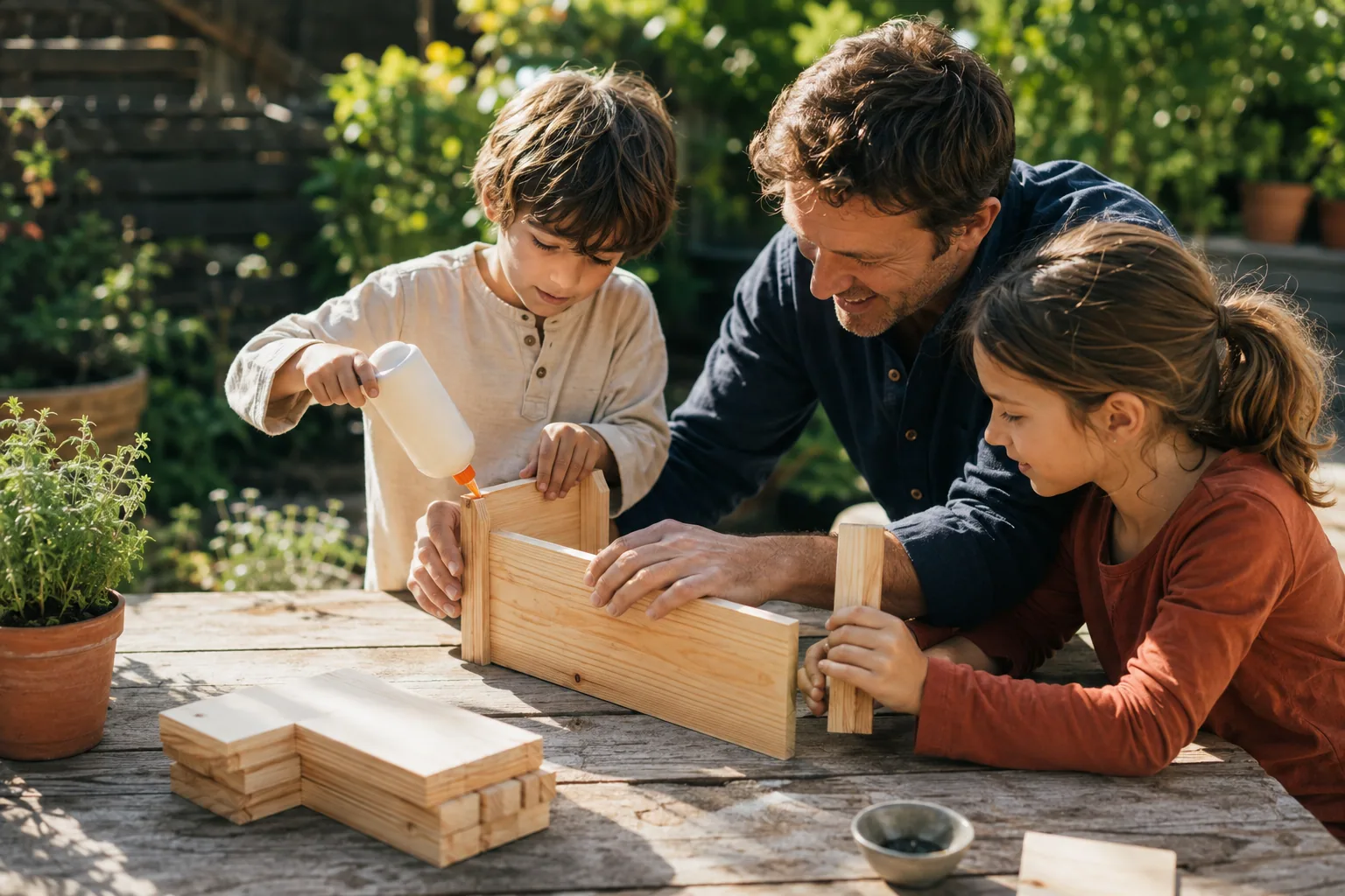 A fictional parent and two children assembling a small wooden planter together.